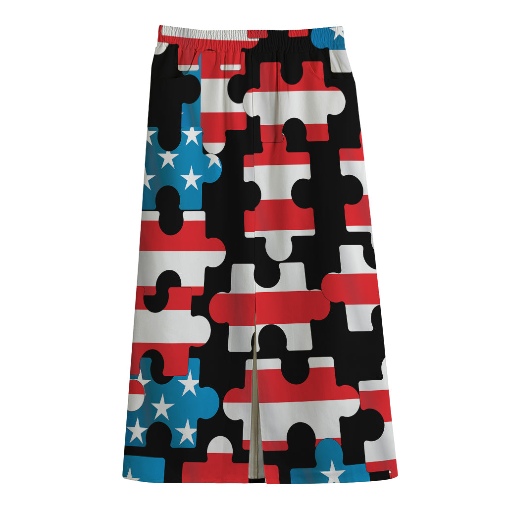 American Flag Jigsaw Puzzle Print Cotton Front Slit Maxi Skirt