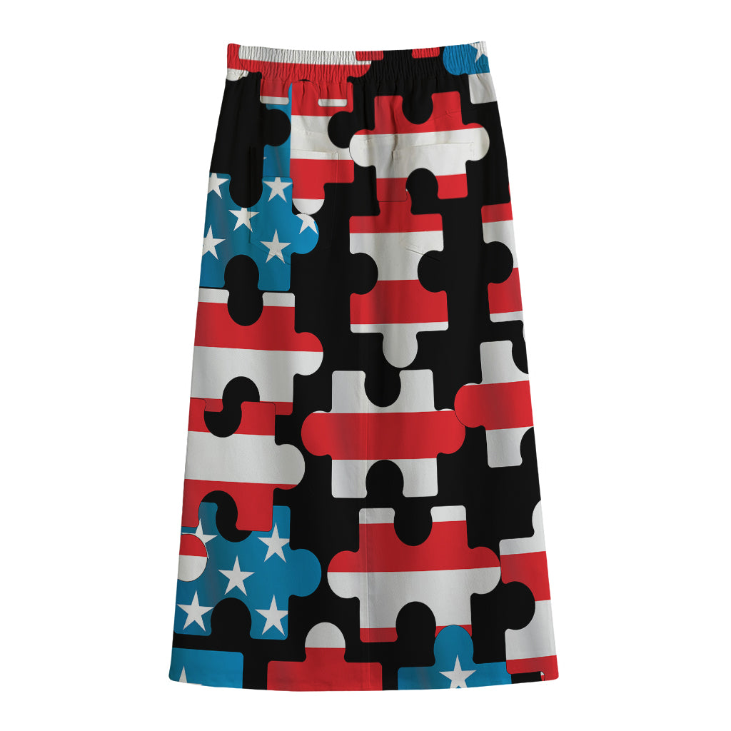 American Flag Jigsaw Puzzle Print Cotton Front Slit Maxi Skirt