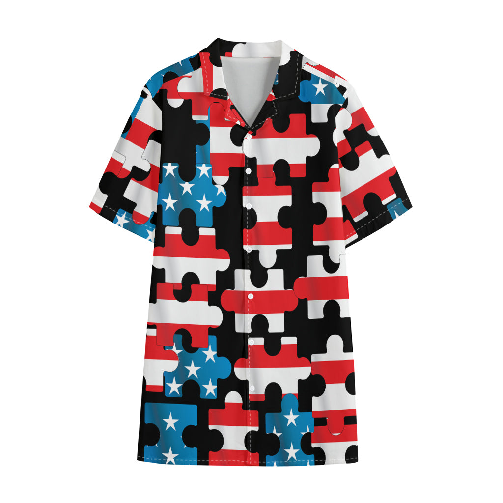 American Flag Jigsaw Puzzle Print Cotton Hawaiian Shirt