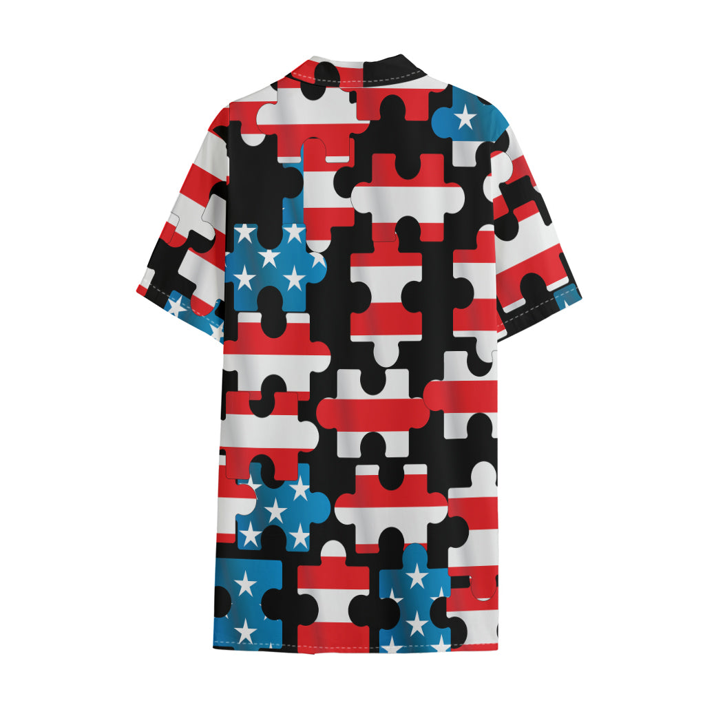 American Flag Jigsaw Puzzle Print Cotton Hawaiian Shirt