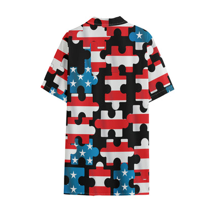 American Flag Jigsaw Puzzle Print Cotton Hawaiian Shirt