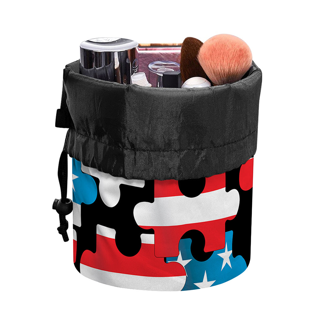 American Flag Jigsaw Puzzle Print Drawstring Makeup Bag