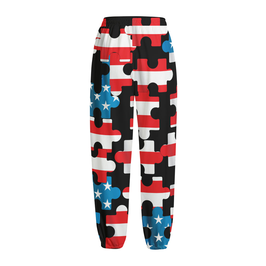 American Flag Jigsaw Puzzle Print Fleece Lined Knit Pants