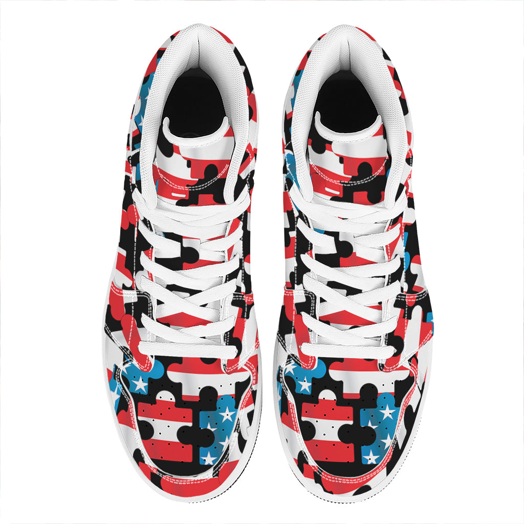 American Flag Jigsaw Puzzle Print High Top Leather Sneakers