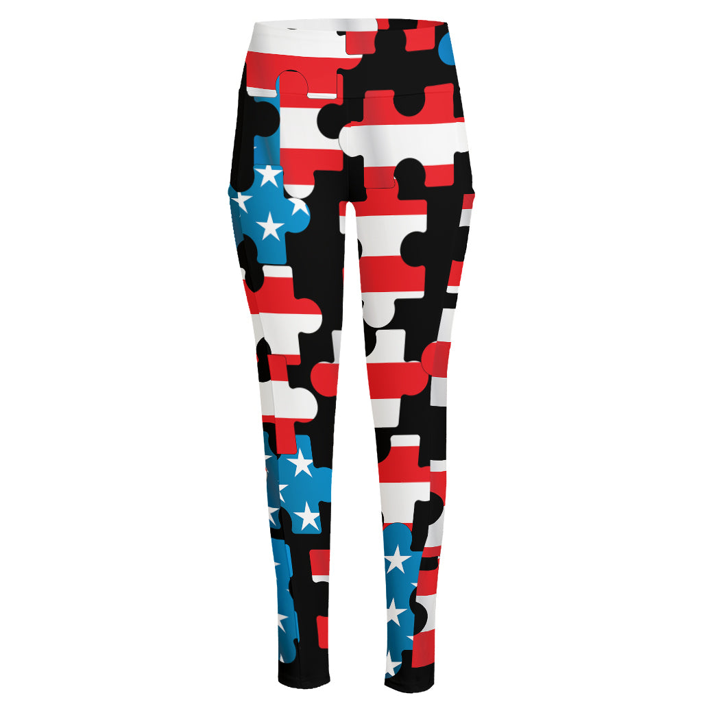 American Flag Jigsaw Puzzle Print High-Waisted Pocket Leggings
