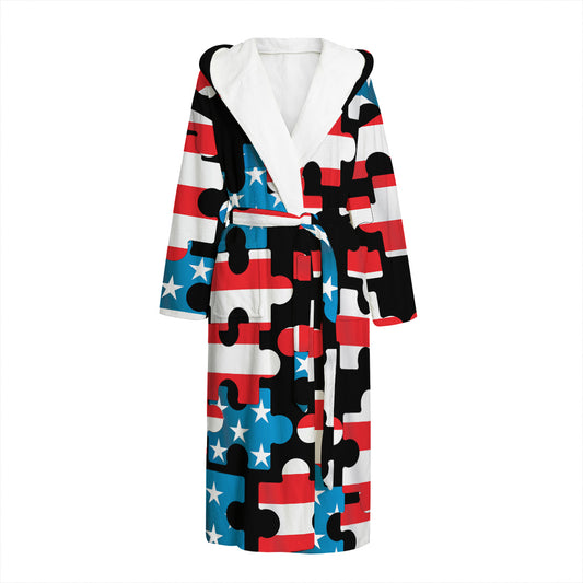 American Flag Jigsaw Puzzle Print Hooded Bathrobe