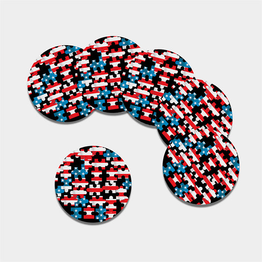 American Flag Jigsaw Puzzle Print Leather Coaster Set