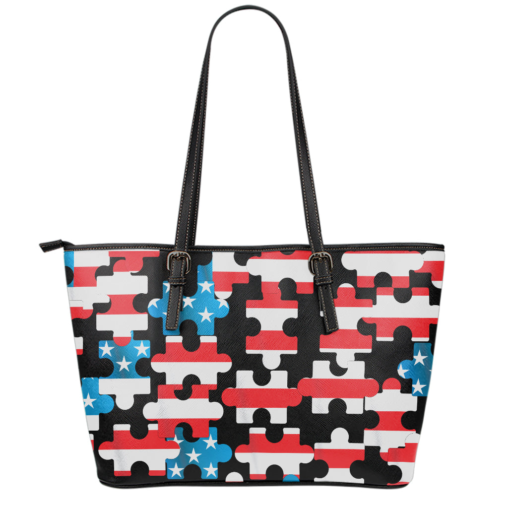 American Flag Jigsaw Puzzle Print Leather Tote Bag