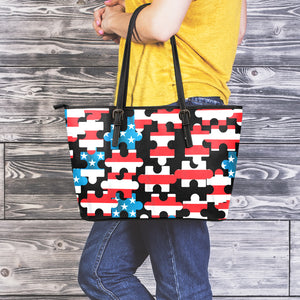 American Flag Jigsaw Puzzle Print Leather Tote Bag