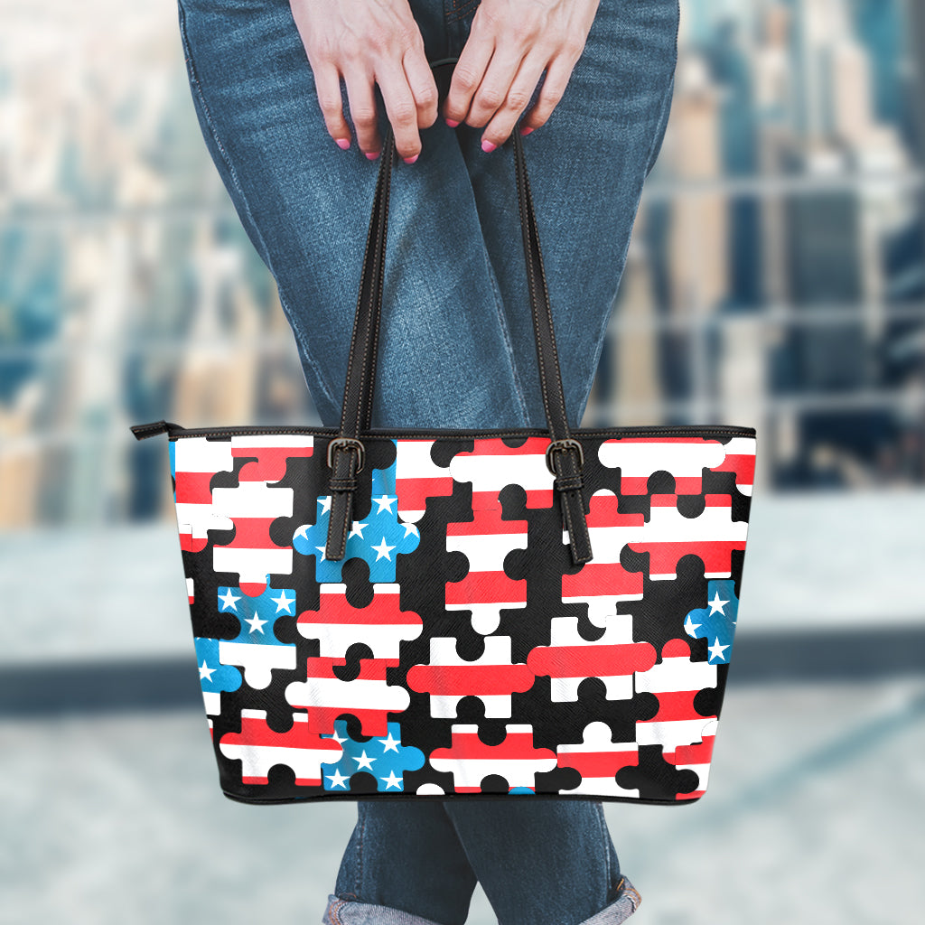 American Flag Jigsaw Puzzle Print Leather Tote Bag