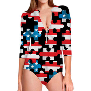 American Flag Jigsaw Puzzle Print Long Sleeve Swimsuit