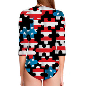 American Flag Jigsaw Puzzle Print Long Sleeve Swimsuit