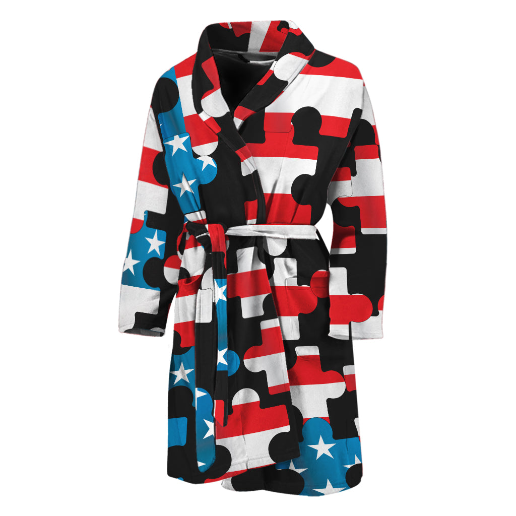 American Flag Jigsaw Puzzle Print Men's Bathrobe