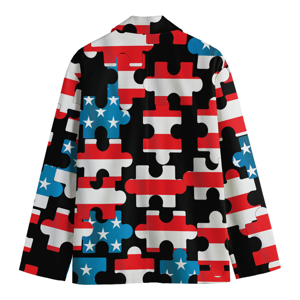 American Flag Jigsaw Puzzle Print Men's Cotton Blazer