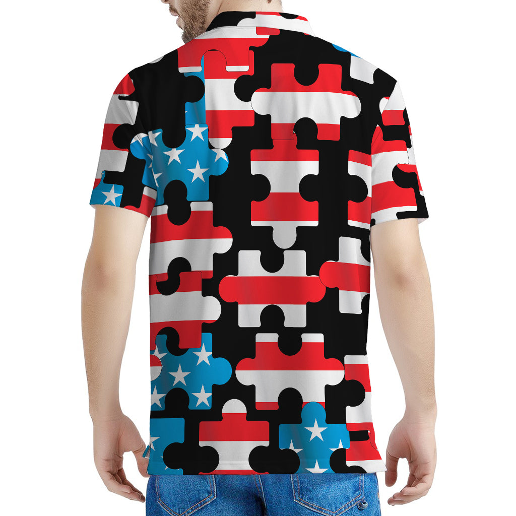 American Flag Jigsaw Puzzle Print Men's Polo Shirt