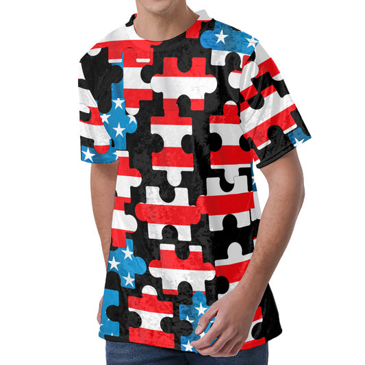 American Flag Jigsaw Puzzle Print Men's Velvet T-Shirt