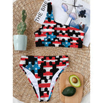 American Flag Jigsaw Puzzle Print One Shoulder Bikini Top