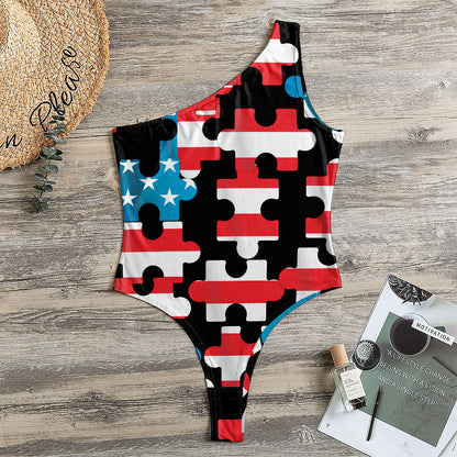American Flag Jigsaw Puzzle Print One Shoulder Bodysuit