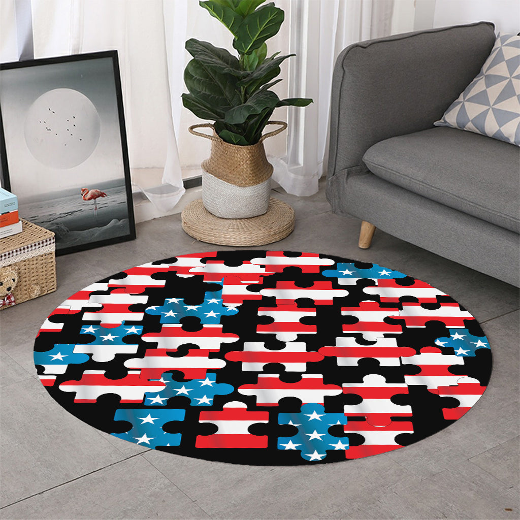 American Flag Jigsaw Puzzle Print Round Rug