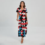 American Flag Jigsaw Puzzle Print Short Sleeve Maxi Dress