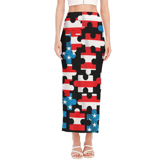 American Flag Jigsaw Puzzle Print Side Slit Maxi Skirt