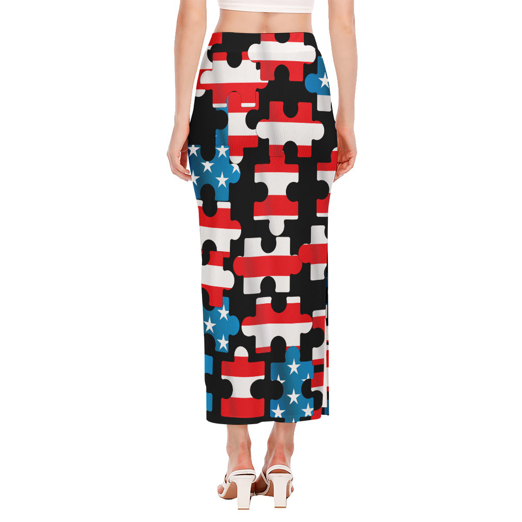 American Flag Jigsaw Puzzle Print Side Slit Maxi Skirt