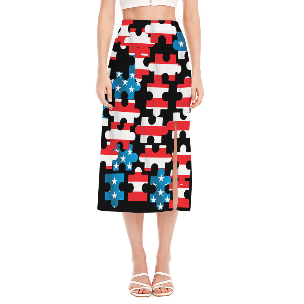 American Flag Jigsaw Puzzle Print Side Slit Midi Skirt