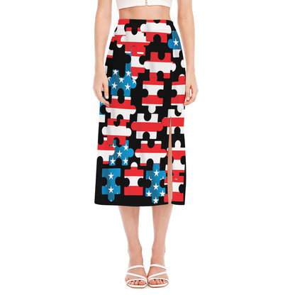 American Flag Jigsaw Puzzle Print Side Slit Midi Skirt