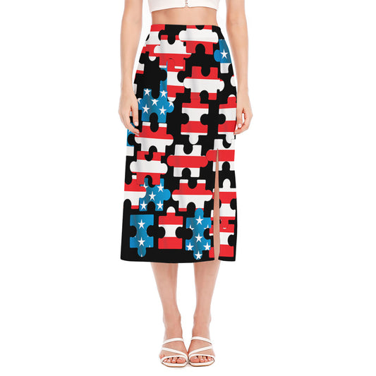 American Flag Jigsaw Puzzle Print Side Slit Midi Skirt