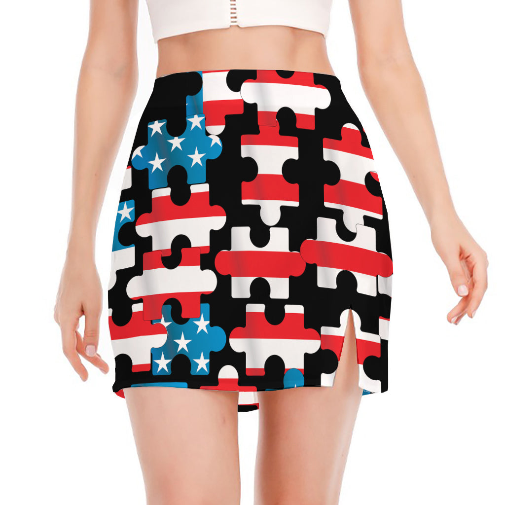 American Flag Jigsaw Puzzle Print Side Slit Mini Skirt