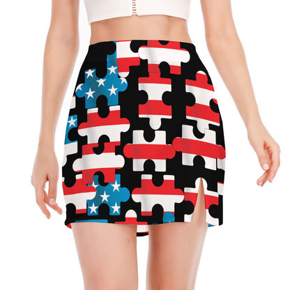 American Flag Jigsaw Puzzle Print Side Slit Mini Skirt