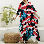 American Flag Jigsaw Puzzle Print Silk V-Neck Kaftan Dress