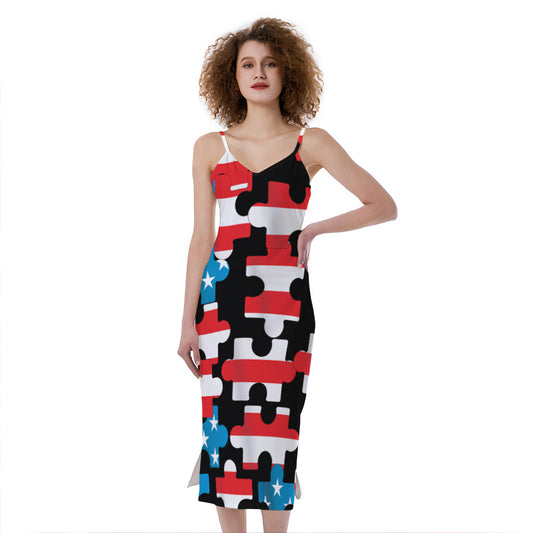 American Flag Jigsaw Puzzle Print Slim Fit Midi Cami Dress