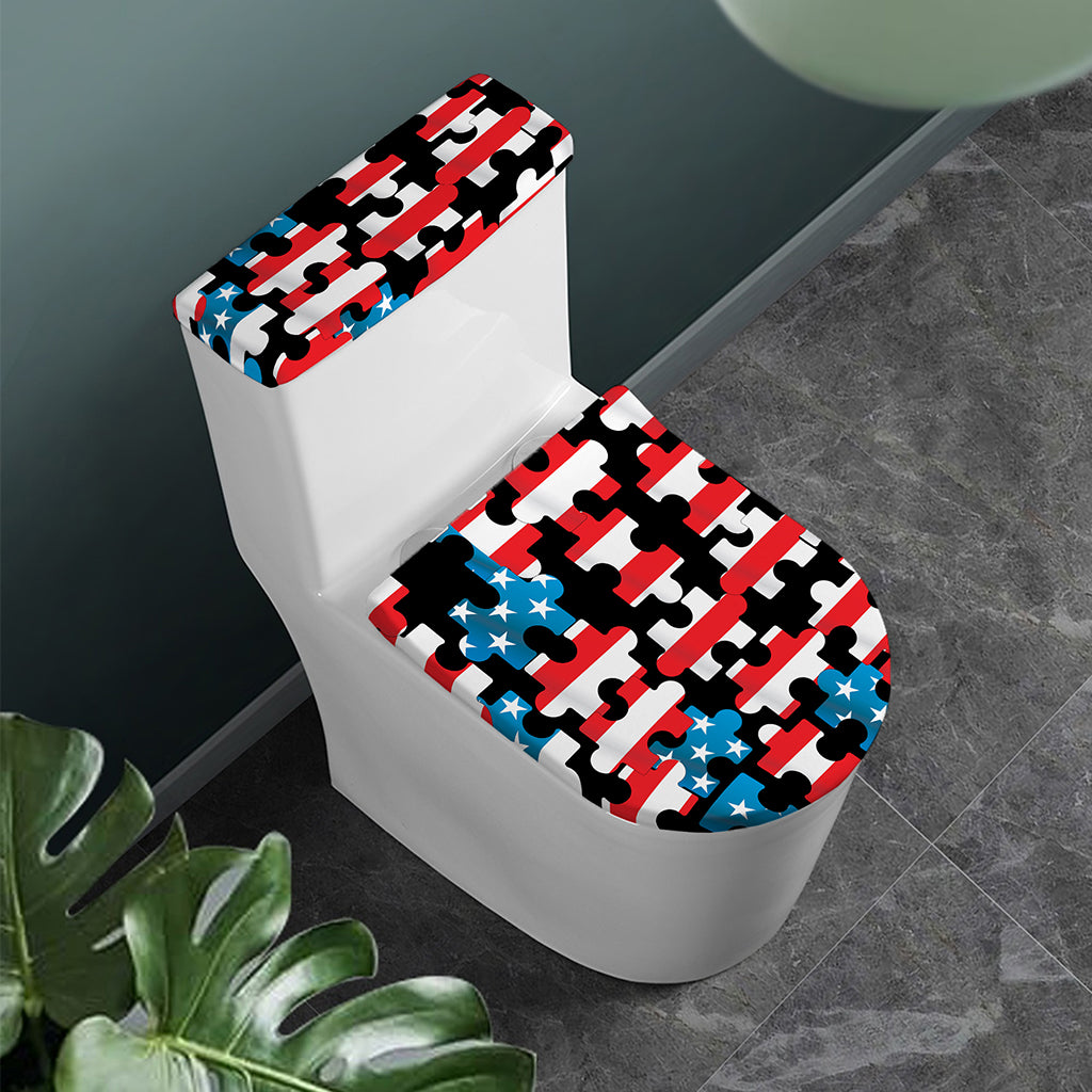American Flag Jigsaw Puzzle Print Toilet Lid And Tank Cover Set