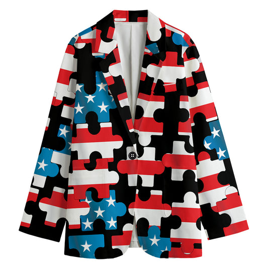 American Flag Jigsaw Puzzle Print Women's Blazer
