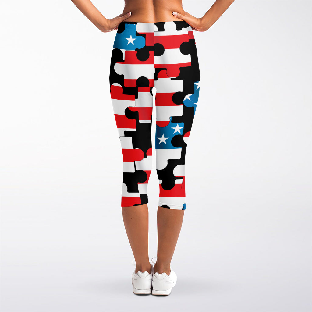 American Flag Jigsaw Puzzle Print Women's Capri Leggings