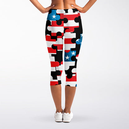 American Flag Jigsaw Puzzle Print Women's Capri Leggings