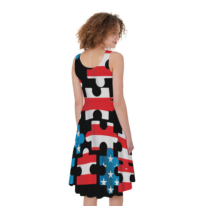 American Flag Jigsaw Puzzle Print Women's Sleeveless Dress
