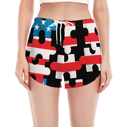 American Flag Jigsaw Puzzle Print Women's Split Running Shorts