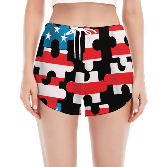 American Flag Jigsaw Puzzle Print Women's Split Running Shorts