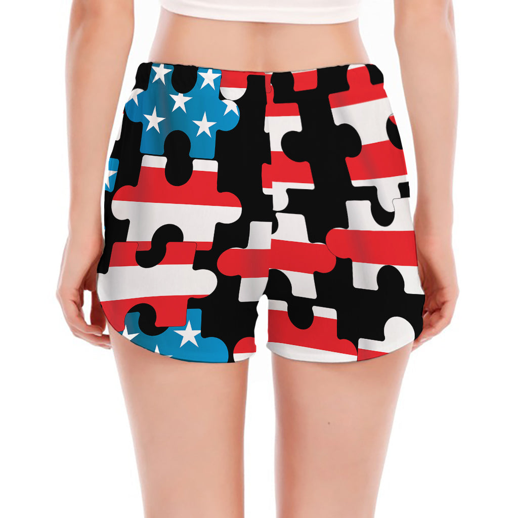 American Flag Jigsaw Puzzle Print Women's Split Running Shorts