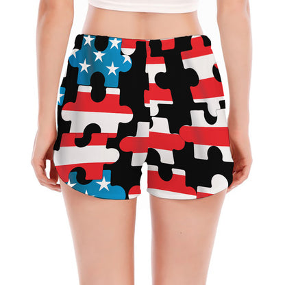 American Flag Jigsaw Puzzle Print Women's Split Running Shorts