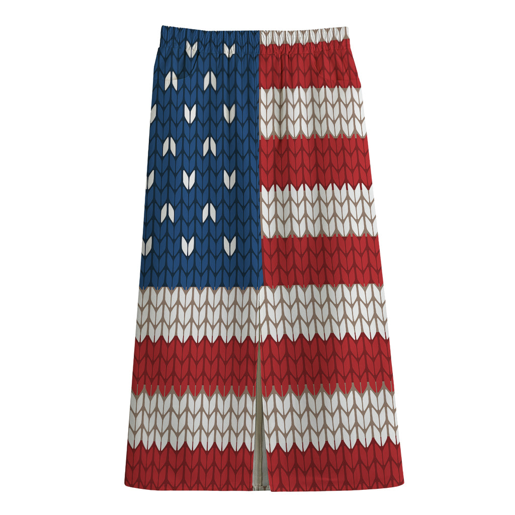 American Flag Knitted Print Cotton Front Slit Maxi Skirt