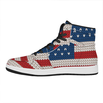 American Flag Knitted Print High Top Leather Sneakers