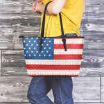 American Flag Knitted Print Leather Tote Bag