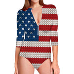 American Flag Knitted Print Long Sleeve Swimsuit
