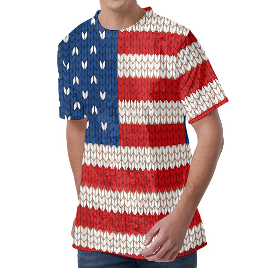 American Flag Knitted Print Men's Velvet T-Shirt