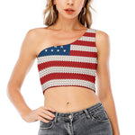 American Flag Knitted Print One Shoulder Crop Top