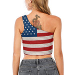 American Flag Knitted Print One Shoulder Crop Top