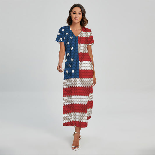 American Flag Knitted Print Short Sleeve Maxi Dress